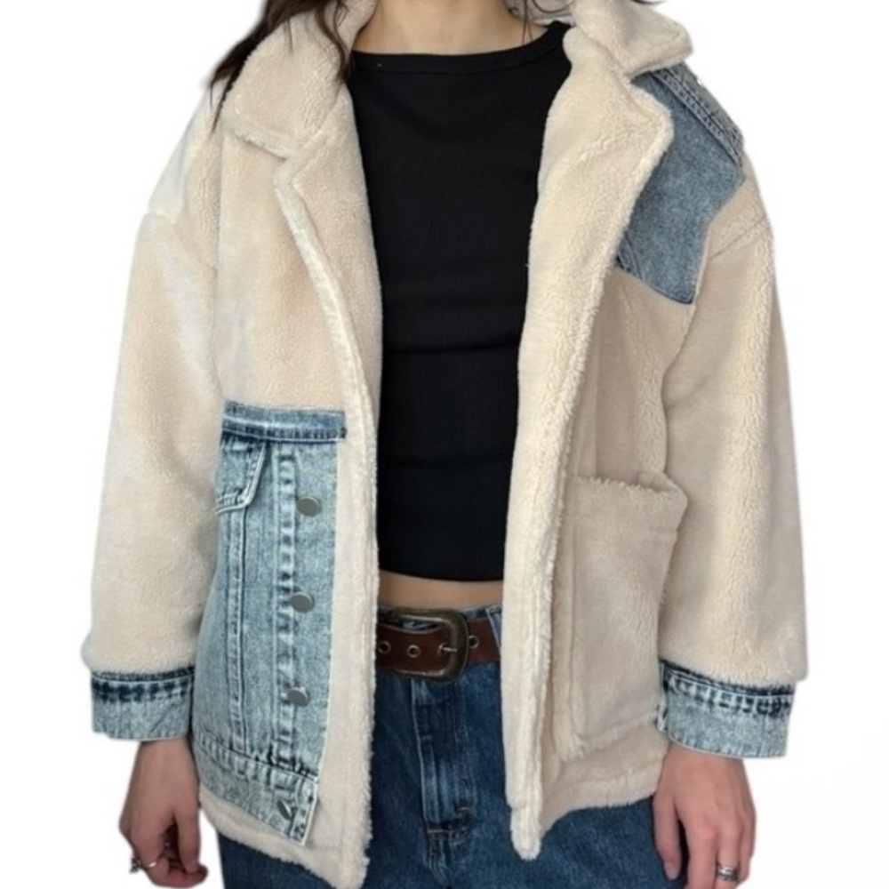 Teddy Fleece & Denim Contrast Patch Jacket NWT